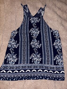 MINE Navy Blue White Floral Halter Tank Top Size L Boho Flowy